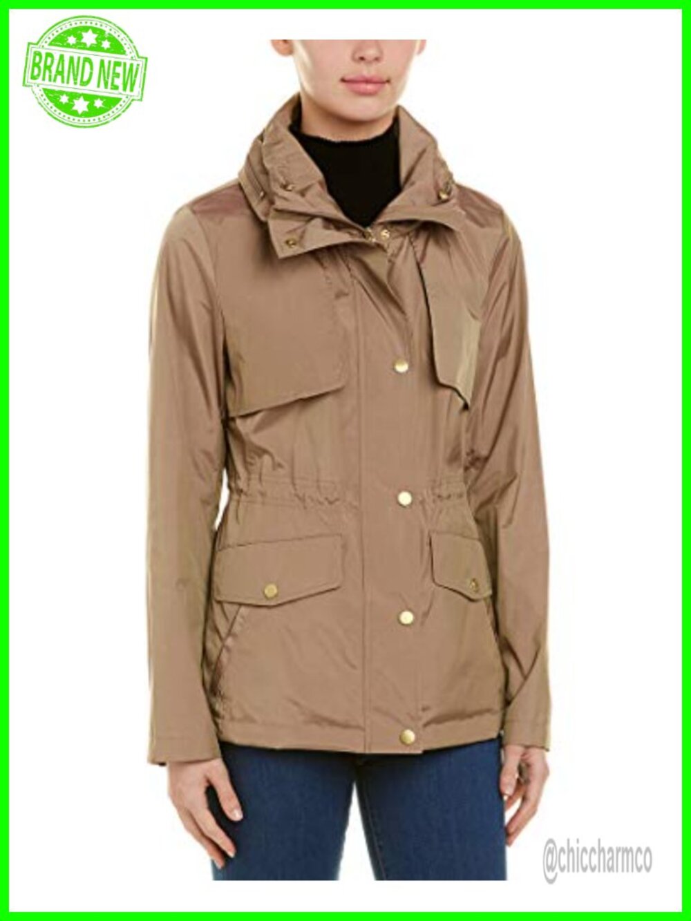 Cole Haan Short Packable Rain Jacket Detachable Hood Travel Pouch